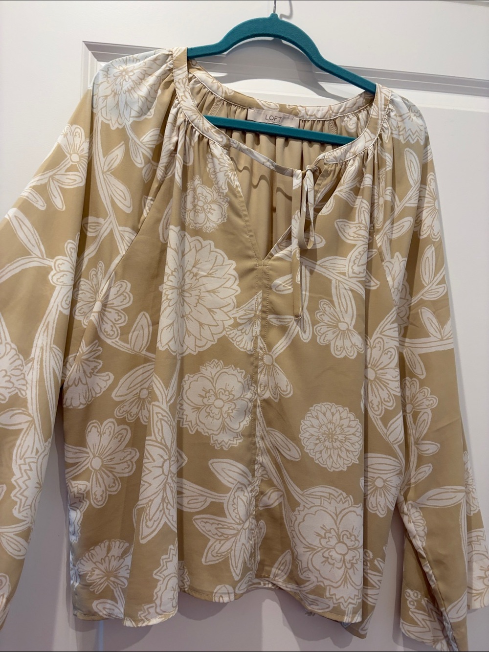 LOFT Beige and White Floral Peasant Top